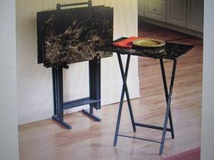 lot 136 image: Faux-Marble Tray Table Set open box...