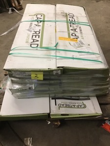 lot 3 image: Pallet with 11 cases of Cap a Thread Seaside Oak 47 in. Length x 12-18 in. Deep x 1-1116 in. Height Vinyl Overlay to Cover Stairs 1 in. Thick not used