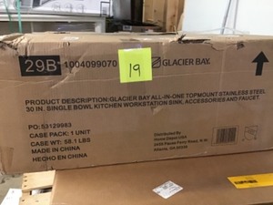 lot 19 image: Glacier Bay All-in-One Drop-In Stainless Steel 30 in. 4-Hole Single Bowl Kitchen Workstation Sink with Faucet and Accessories not used