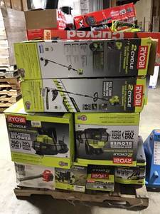 lot 28 image: Pallet of assorted outdoor  tools Back pack blowers, blowers,Chainsaw, trimmers and others original customer returns