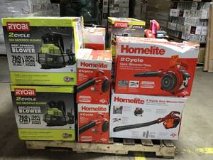 lot 46 image: Pallet of assorted outdoor tools Back pack blowers, blowers and more original customer returns
