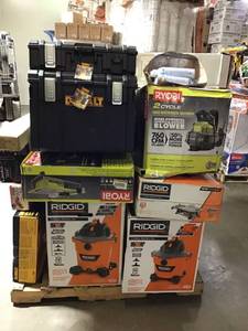 lot 47 image: Pallet with assorted outdoor tools and shop equipment Dewalt Ridgid, Ryobi and more original  customer returns