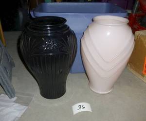 two large art glass vases with plas...