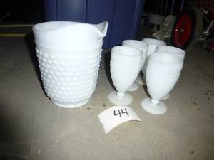 white milk glass hobnail pitcher an...