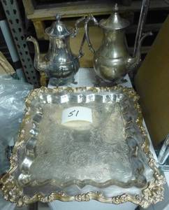 large silver platter and 2 silver c...