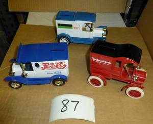3 diecast truck banks, Pepsi, Montg...