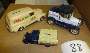 3 diecast truck banks, Schwans pane...