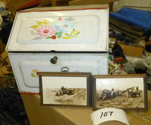 vintage tin bread box and two old p...