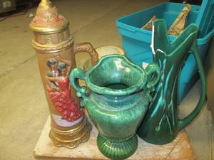 4 large pottery vases in plastic tote, haeger, Eurocon Mold One Item Broken, See Photos