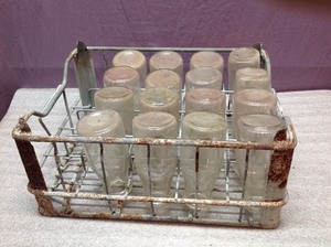 Vintage Half Pint Glass Milk Jars & Carry Case