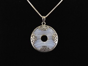 lot 8 image: .925 Sterling Silver Blue Lace Agate Fortune Disk Pendant Necklace