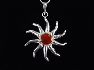 lot 19 image: .925 Sterling Silver Red Jasper Dancing Sun Disk Pendant Necklace