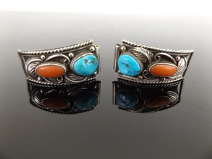 lot 33 image: .925 Sterling Silver Turquoise and Coral Navajo Watch Band Cuffs
