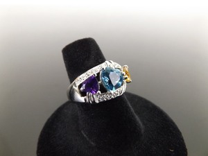 lot 45 image: .925 Sterling Silver Heart Cut Amethyst, Citrine and Topaz Ring Size 6.75