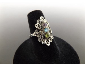 lot 46 image: .925 Sterling Silver Amethyst, Peridot and Topaz Filigree Ring Size 7