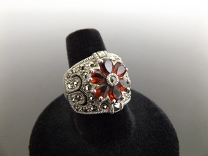 lot 53 image: .925 Sterling Silver Art Nouveau Pear Cut Garnets Flower Ring Size 9