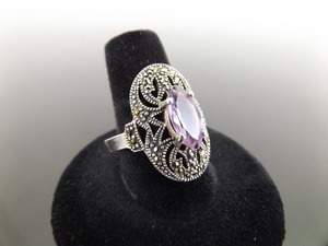 lot 58 image: .925 Sterling Silver Art Nouveau Oval Cut Amethyst Ring Size 9