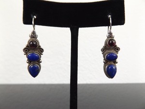 lot 77 image: .925 Sterling Silver Lapis Lazuli and Garnet Cabochon Hook Clasp Earrings