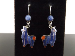 lot 78 image: .925 Sterling Silver Inlayed Lapis and Coral Llama Hook Dangle Earrings