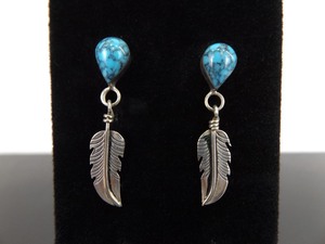lot 79 image: .925 Sterling Silver Turquoise Navajo Feather Dangle Post Earrings