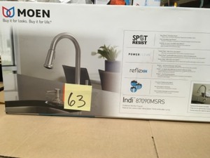 lot 63 image: Moen Indi Single-Handle Pull-Down Sprayer Kitchen Faucet with Reflex, Power Clean in Spot Resist Stainless