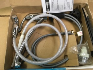 lot 82 image: MOEN Adler Single-Handle Low Arc Standard Kitchen Faucet with Side Sprayer in Chrome
