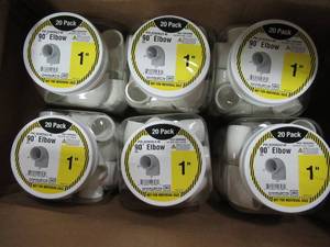 lot 295 image: Case of 6 (20 Pack) Charlotte Pipe 1 PVC Elbow 02300 1020HD, SCH.40 - 120 Total
