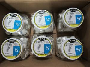 lot 296 image: Case of 6 (20 Pack) Charlotte Pipe 34 PVC 45 degree Elbow 02309 0820HD, SCH.40 - 120 Total