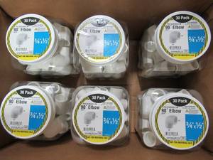 lot 294 image: Case of 6 (30 Pack) Charlotte Pipe 34 X 12 PVC Elbow 02301 2630HD, SCH.40 - 180 Total