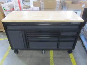 lot 62 image: Husky 61 in. 10-Drawer 1-Door 24 in. D Mobile Workbench with Pegboard and Shelf in Textured Black Matte HOTC6110BB1M