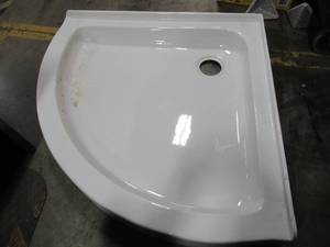 lot 275 image: OVE Decors 31 X 31 Acrylic Corner Shower Base, Breeze 31SB. Some chips on the bottom and Tile Flange.