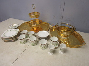 lot 129 image: SWEDISH HACKEFORS PORSLIN TEA SET AND DECORATIVE GILDED SERVING PLATTERS