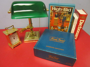 lot 141 image: BRASS BANKERS LAMP, SETH THOMAS DESK CLOCK, VINTAGE HIGH-BID AUCTION GAME, MORE