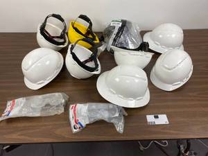 lot 21 image: Lot of 3M Hardhats with adjustable headstrap. - 2 pairs safety goggles and one safety shield