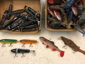 lot 51 image: Box Full Of Jointed Soft-Bait Muskie Lure Bodies