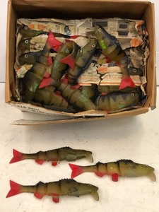 lot 55 image: Box Full Of Jointed Soft-Bait Muskie Lure Bodies