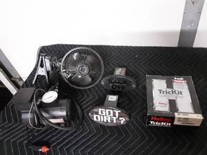 lot 10 image: 12 Volt Fan, Compressor, Hitch Cover, New Holley Carburator Rebuild Kit.