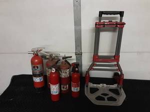 lot 13 image: Folding Moving Dolly, Assortment Of Fire Extinguishers
