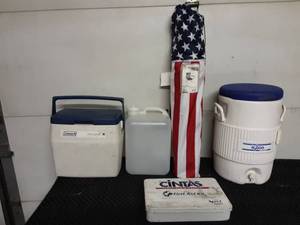 lot 20 image: Camp Chair, Small Cooler, Water Jug, Water Cooler, First Aid Box