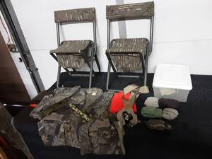 lot 31 image: 2-Folding Hunting Chairs, Hat, Gloves, Vest, Scent Dripper With Scent, More