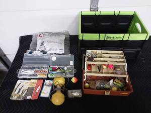 lot 32 image: Tackle Boxes With Fishing Related, New Fishing Basket & More.