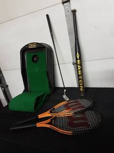 lot 35 image: Putter, Caddy Mat, 2-Tennis Racquets, Base Ball Bat