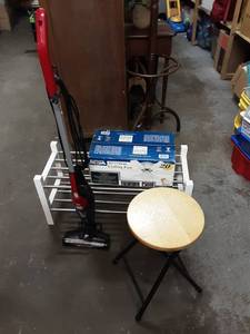 lot 39 image: New In Box Ceiling Fan, Dirt Devil Power Stick Vac., Shoe Rack, Stool