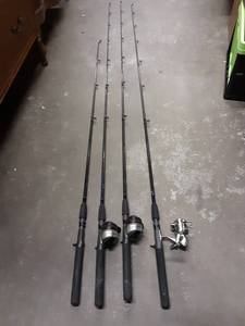 lot 47 image: 3-Shimano Crestfire Rods, 2-Zebco, 1-Shakespeare Reels