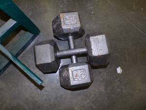 lot 49 image: Pair of Dumbbell weights with weight stand, Bars, weight belt and more