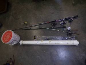 lot 48 image: Fishing Equipment, Rods, Reels, Ice Rod, Ice Scoop, Rod Case and minnow pail