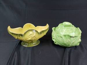 lot 14 image: Green Ceramic Flower Vase and Lettuce or Cabbage Shaped Covered Bowl
