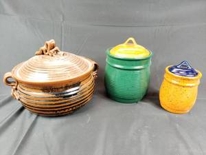 lot 15 image: Crockery Bean Pot and 2 Cannisters