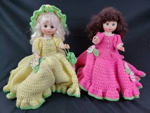 lot 45 image: 2 Plastic Dolls with Hand Knit Dresses and Accessories