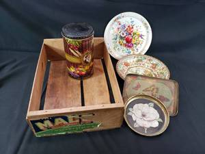 lot 76 image: Wooden Fruit Box and Decorative Tins